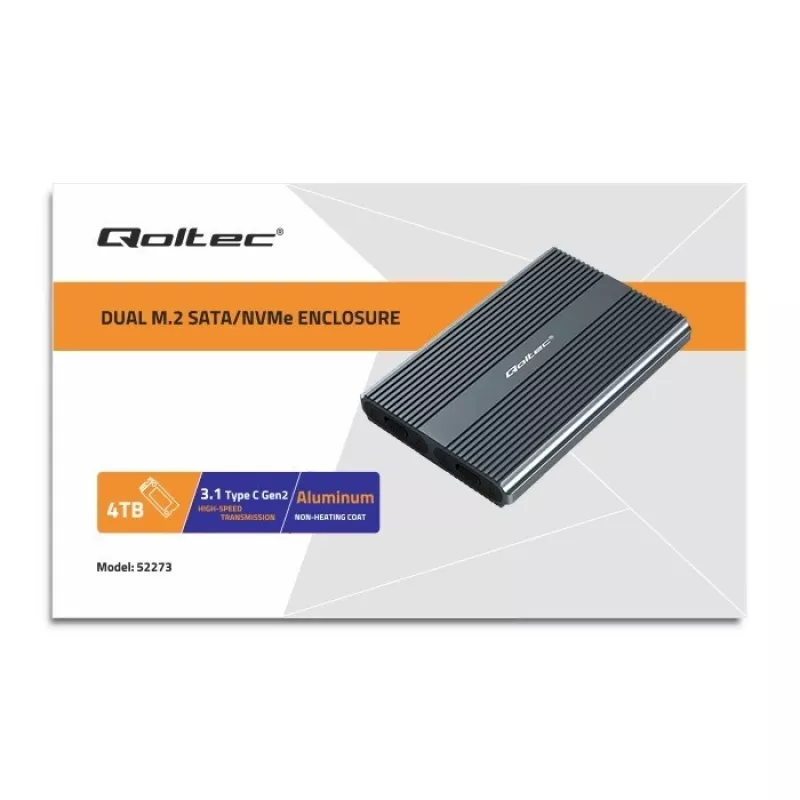 Qoltec Dual M.2 NVMe SATA SSD korpuss ar USB-C 3.2 Gen 2, bez instrumentiem alumīnija, atbalsta 2x2TB, UASP, TRIM, 10Gbps