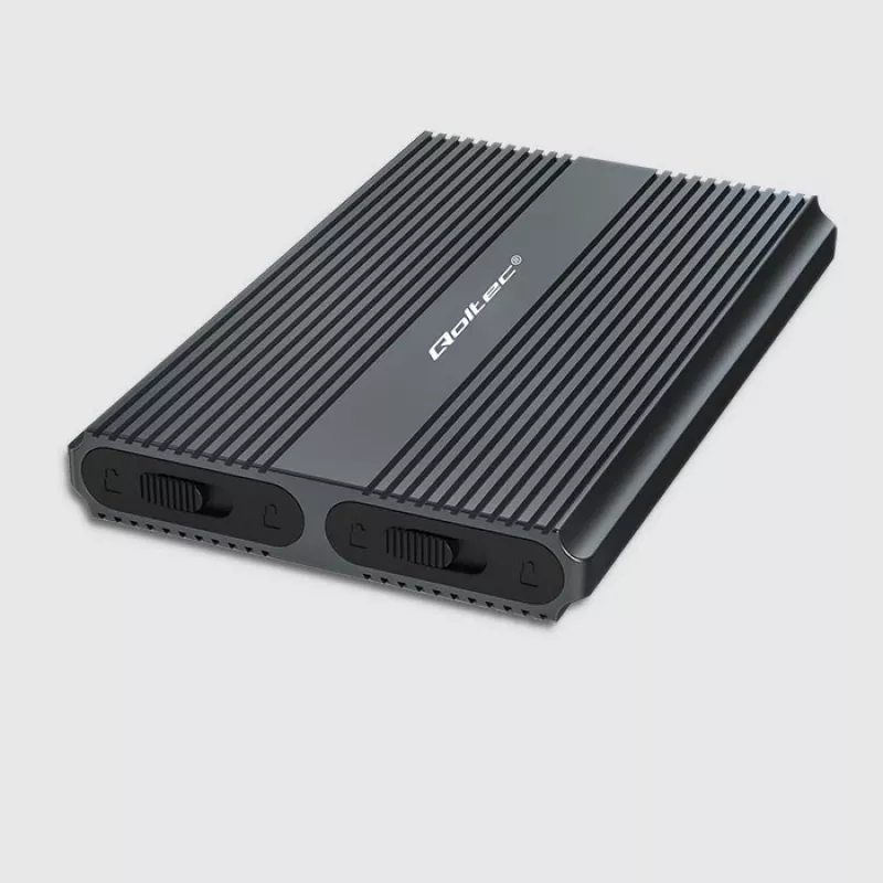 Qoltec Dual M.2 NVMe SATA SSD korpuss ar USB-C 3.2 Gen 2, bez instrumentiem alumīnija, atbalsta 2x2TB, UASP, TRIM, 10Gbps