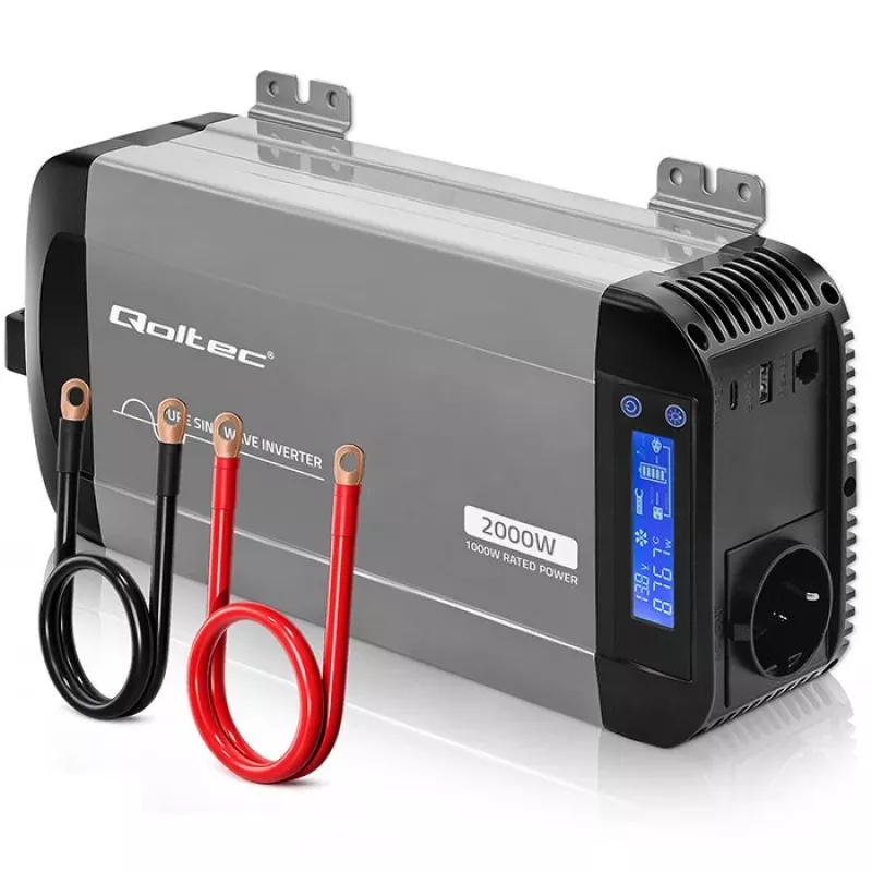 Qoltec tīrā sinusoidālā sprieguma invertors 12V uz 230V 1000W/2000W ar LCD, USB, USB-C, saderīgs ar LiFePO4/GEL/AGM