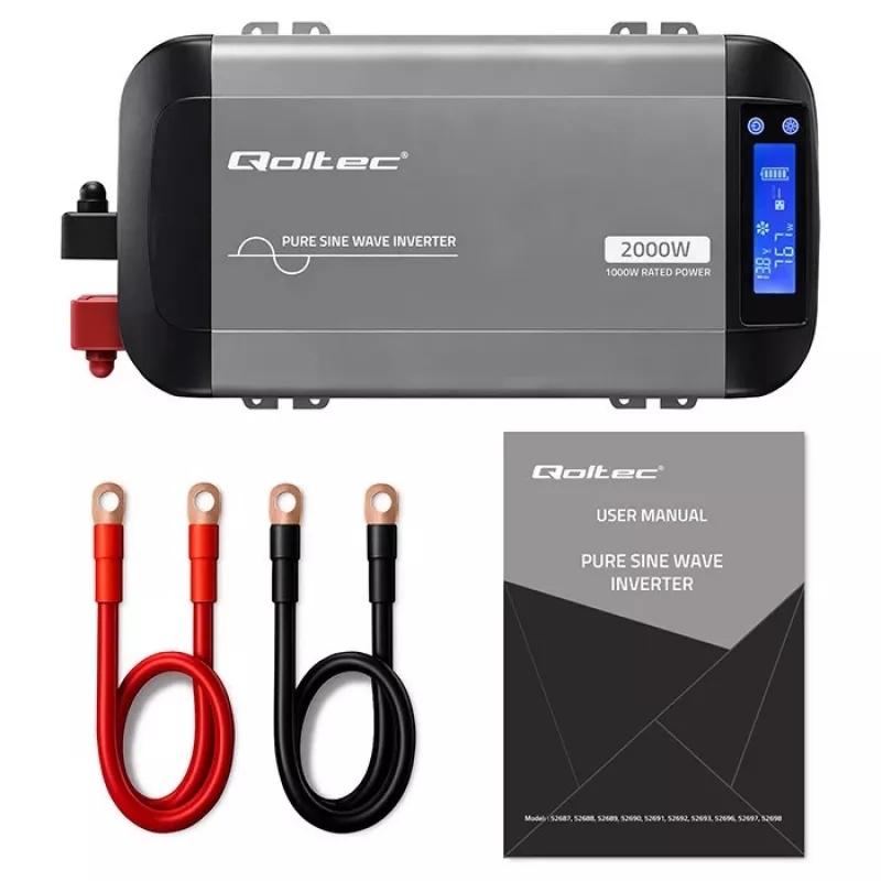 Qoltec tīrā sinusoidālā sprieguma invertors 12V uz 230V 1000W/2000W ar LCD, USB, USB-C, saderīgs ar LiFePO4/GEL/AGM