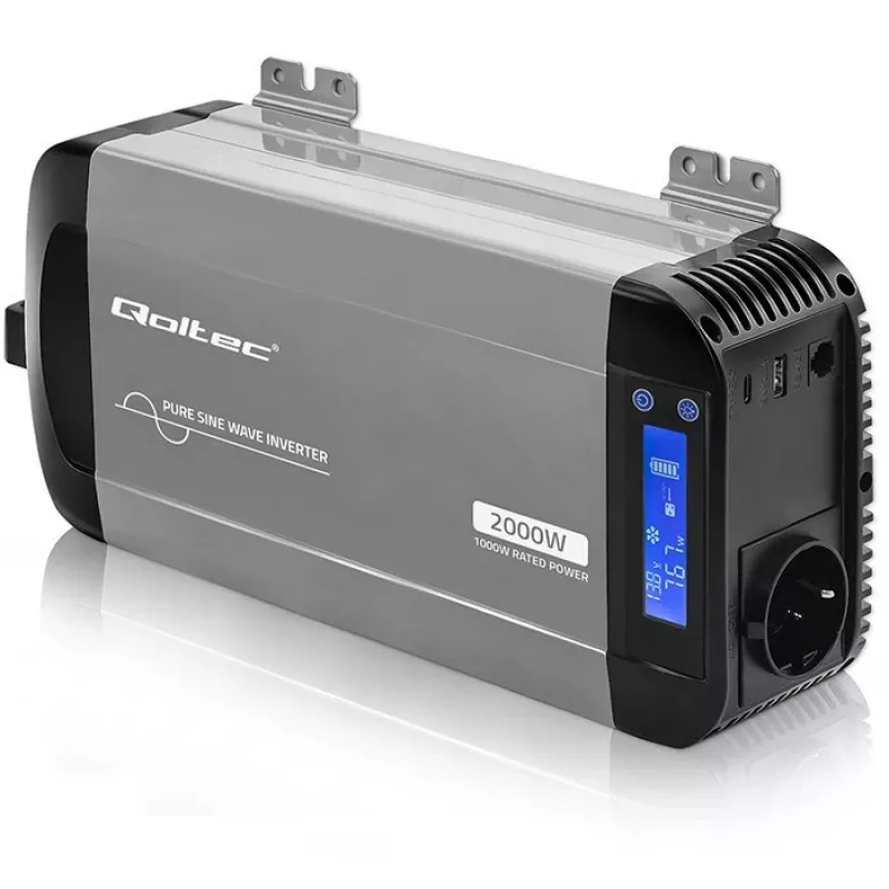 Qoltec tīrā sinusoidālā sprieguma invertors 12V uz 230V 1000W/2000W ar LCD, USB, USB-C, saderīgs ar LiFePO4/GEL/AGM