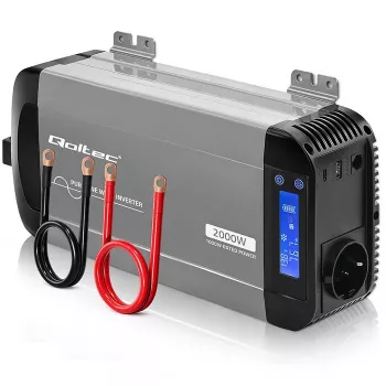 Qoltec tīrā sinusoidālā sprieguma invertors 12V uz 230V 1000W/2000W ar LCD, USB, USB-C, saderīgs ar LiFePO4/GEL/AGM
