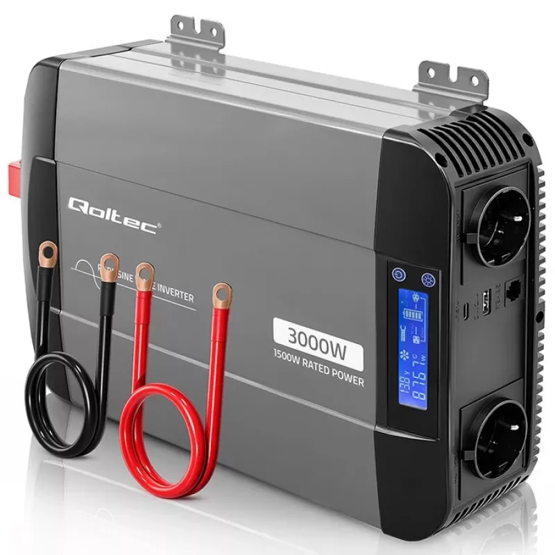 Qoltec tīrā sinusoidālā sprieguma invertors 12V uz 230V 1500W/3000W ar LCD USB USB-C LiFePO4 GEL AGM akumulatoriem