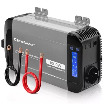 Qoltec tīrā sinusoidālā sprieguma invertors 12V uz 230V 500W/1000W ar LCD, USB, USB-C, saderīgs ar LiFePo4/GEL/AGM