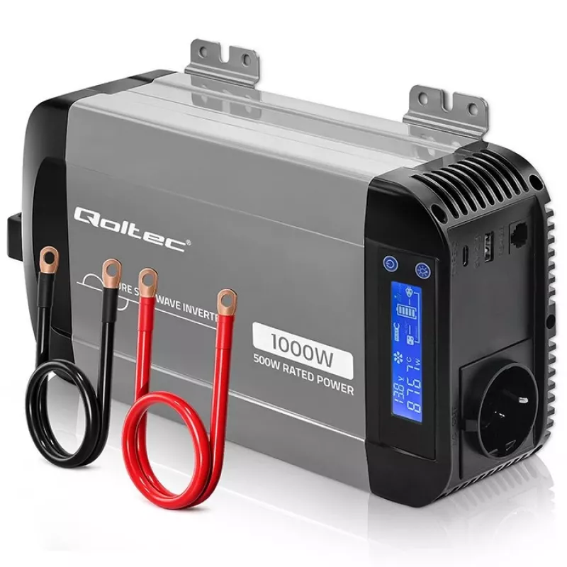 Qoltec tīrā sinusoidālā sprieguma invertors 12V uz 230V 500W/1000W ar LCD, USB, USB-C, saderīgs ar LiFePo4/GEL/AGM