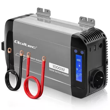 Qoltec tīrā sinusoidālā sprieguma invertors 12V uz 230V 500W/1000W ar LCD, USB, USB-C, saderīgs ar LiFePo4/GEL/AGM
