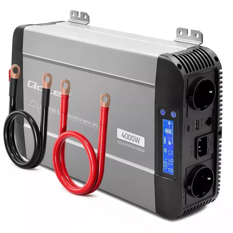 Qoltec tīrā sinusoidālā sprieguma invertors ar UPS | 12V uz 230V | 2000W nepārtraukta / 4000W maksimālā | LCD | USB-A | USB-C PD 18W | Saderīgs ar LiFePO4 GEL AGM