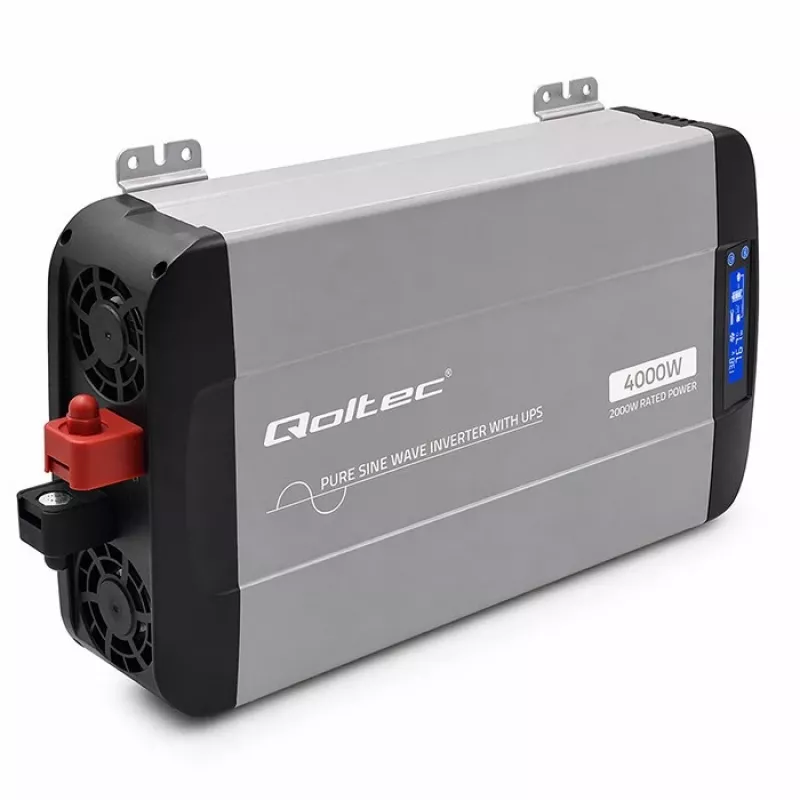 Qoltec tīrā sinusoidālā sprieguma invertors ar UPS | 12V uz 230V | 2000W nepārtraukta / 4000W maksimālā | LCD | USB-A | USB-C PD 18W | Saderīgs ar LiFePO4 GEL AGM
