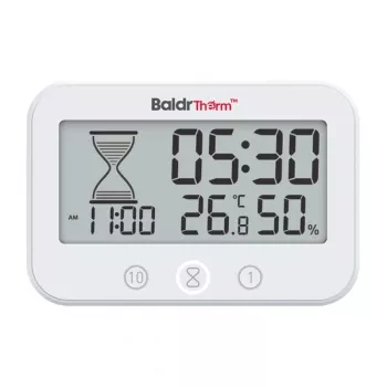RAINPOINT BALDRTHERM B0549STH Vannas istabas taimeris ar temperatūras un mitruma monitoru, IP24 ūdensizturīgs, atpakaļskaitīšana/uzskaitīšana, LCD fona apgaismojums, piesūcekņa/stenda/sienas stiprinājums