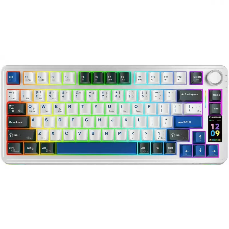 Rampage Quell Pro Mechanical Wireless 75% Keyboard with TFT Display, Gasket Mount, Hot-Swap, 2.4G + BT, White