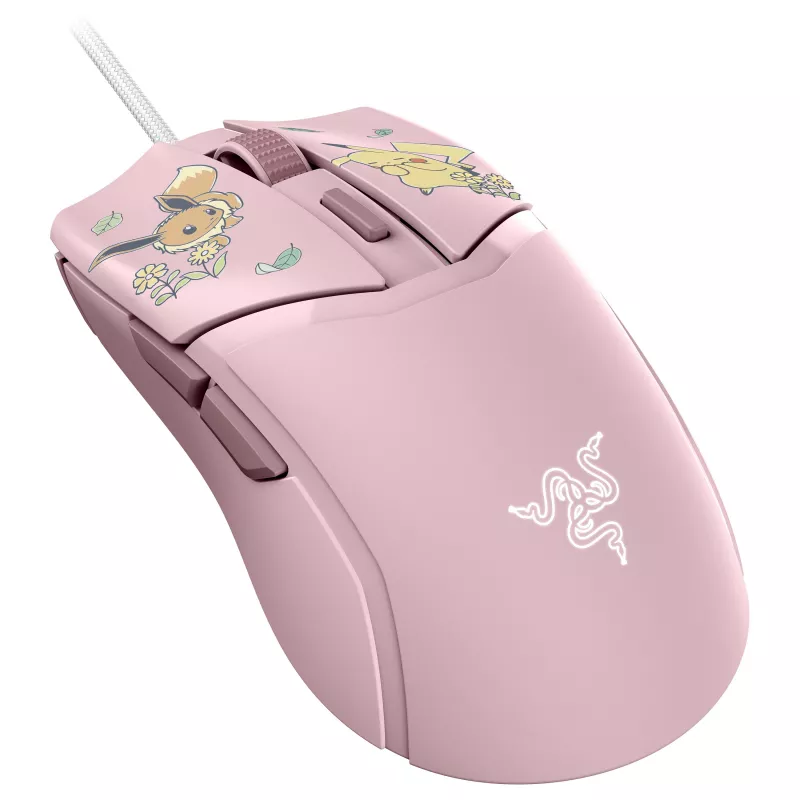 Razer Cobra – Pikachu & Eevee Edition vadu spēļu pele, 8500 DPI optiskais sensors, Chroma RGB apgaismojums, 6 programmējamas pogas, simetriska labās rokas forma