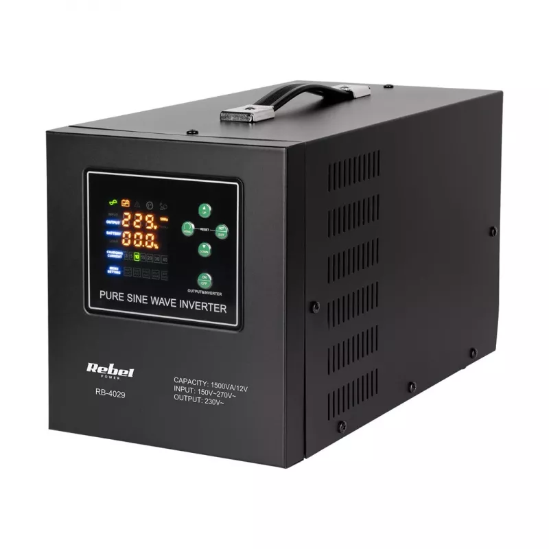 Rebel POWER-1500-LFP4 Avārijas barošanas bloks – tīra sinusoidāla viļņa invertors ar 12V uzlādes funkciju, 230V, 1500VA/1050W