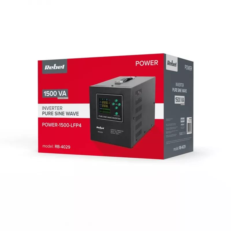 Rebel POWER-1500-LFP4 Avārijas barošanas bloks – tīra sinusoidāla viļņa invertors ar 12V uzlādes funkciju, 230V, 1500VA/1050W