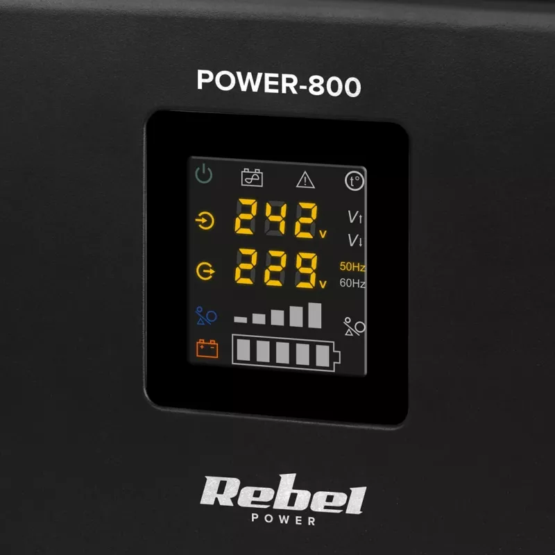 Rebel POWER-800 Sienas avārijas barošanas bloks – tīra sinusoidāla viļņa invertors ar 12V uzlādes funkciju, 230V, 800VA/500W