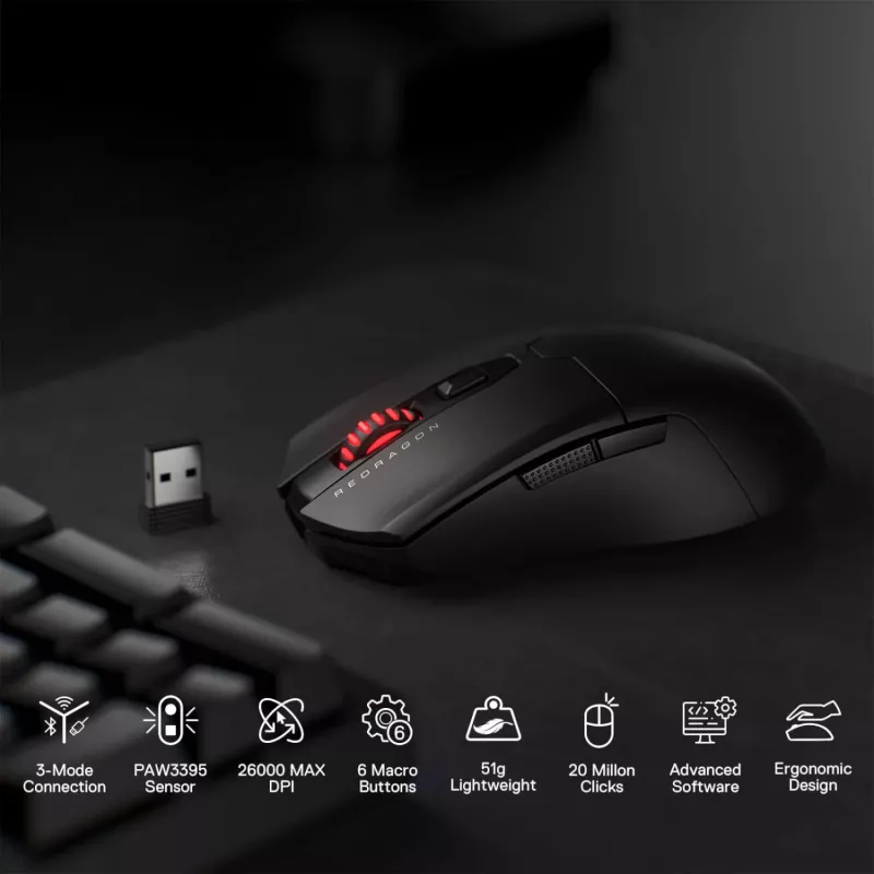 Redragon FYZU M995 PRO bezvadu spēļu pele - melna, 26K DPI Pixart 3395, trīs režīmi, 9 pogas, RGB, 70h akumulators