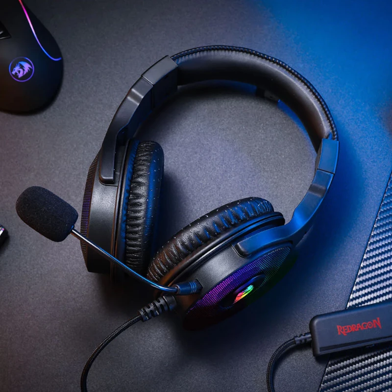 REDRAGON PANDORA H350 RGB Over-Ear Gaming austiņas ar noņemamu mikrofonu, 50mm draiveri, 3.5mm audio un USB RGB barošanu, melna