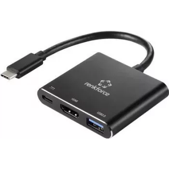 Renkforce RF-5133676 USB-C uz HDMI daudzportu adapteris ar Power Delivery un USB-A, 4K, 20 cm, melns