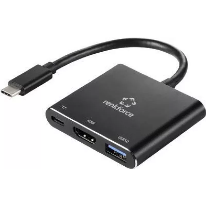 Renkforce RF-5133676 USB-C uz HDMI daudzportu adapteris ar Power Delivery un USB-A, 4K, 20 cm, melns