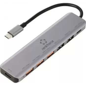 Renkforce RF-7465828 USB-C 6-in-1 centrmezgls, 3x USB-A 3.0, USB-C datu, 4K HDMI, 100W PD, pelēks