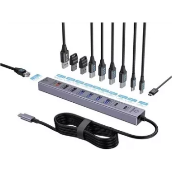 Renkforce RF-7465830 Iekšējais USB-C 10 portu USB 3.0 centrmezgls, 5 Gbit/s, SATA barošana, pelēks