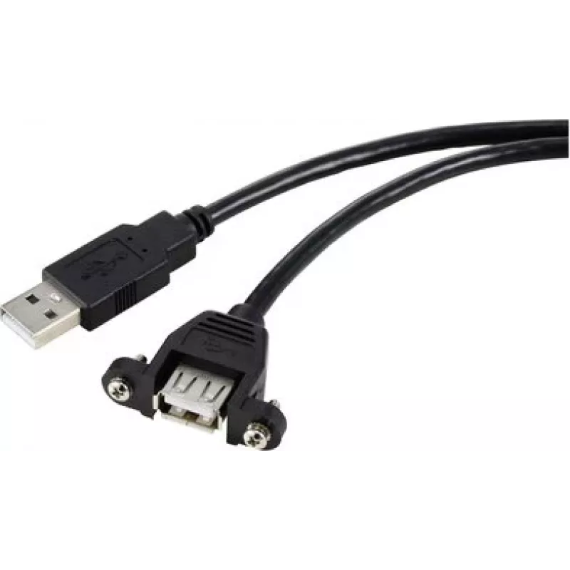 Renkforce USB 2.0 pagarinājuma kabelis, USB-A vīrišķais uz USB-A sievišķo, 1 m, melns, panelī montējams, pieskrūvējams RF-5720386