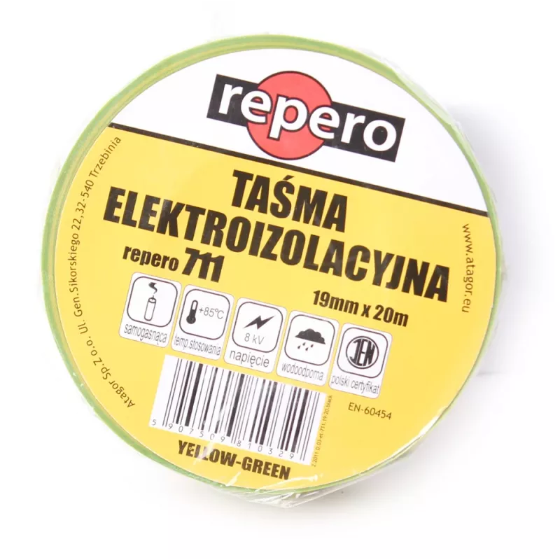 REPERO 711E Dzelteni zaļa PVC elektroizolācijas lente 19 mm x 20 m
