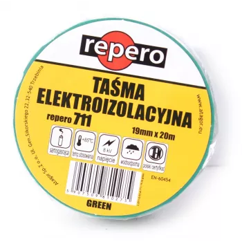 REPERO TTE711E4-0019-20 PVC elektroizolācijas lente, zaļa, 19 mm x 20 m, 600V, liesmu slāpējoša