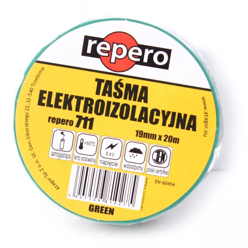 REPERO TTE711E4-0019-20 PVC elektroizolācijas lente, zaļa, 19 mm x 20 m, 600V, liesmu slāpējoša