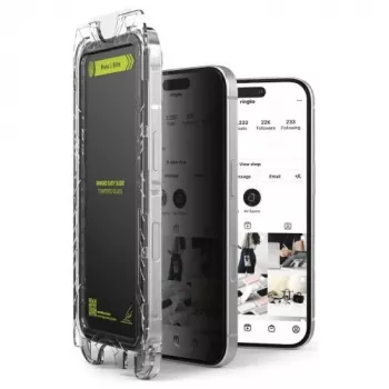Ringke iPhone 15/16 ekrāna aizsargs Privacy Premium Easy Slide rūdīts stikls 9H ar montāžas šablonu (2 iepakojumā) caurspīdīgs