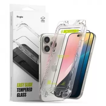 Ringke iPhone 16 Pro ekrāna aizsargs Premium Easy Slide rūdīts stikls 9H ar montāžas šablonu (2 gab.) Caurspīdīgs