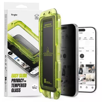 Ringke iPhone 17 Pro ekrāna aizsargs Premium Easy Slide Privacy rūdīts stikls 9H ar montāžas šablonu (2 iepakojumā) caurspīdīgs