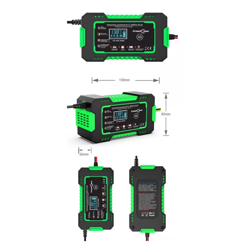 RJ TIANYE FreedConn RJ-C 120501A 12V 6A viedais automātiskais akumulatoru lādētājs svina-skābes, AGM, GEL, EFB akumulatoriem ar LCD displeju