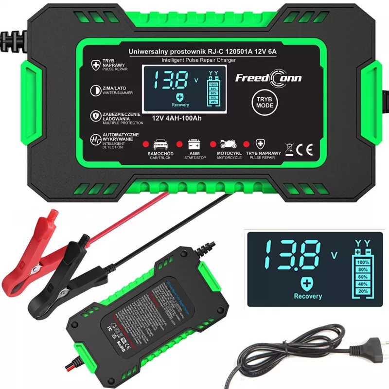 RJ TIANYE FreedConn RJ-C 120501A 12V 6A viedais automātiskais akumulatoru lādētājs svina-skābes, AGM, GEL, EFB akumulatoriem ar LCD displeju