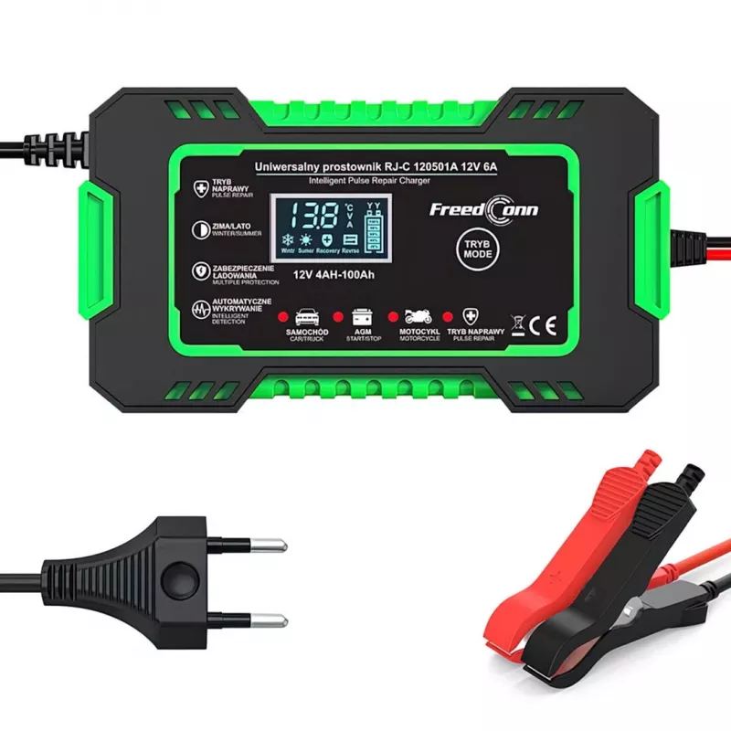 RJ TIANYE FreedConn RJ-C 120501A 12V 6A viedais automātiskais akumulatoru lādētājs svina-skābes, AGM, GEL, EFB akumulatoriem ar LCD displeju