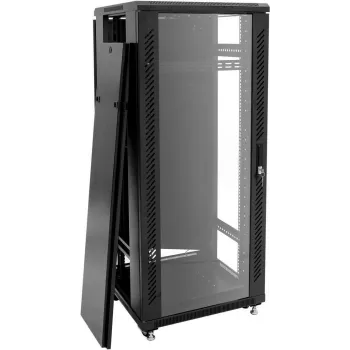 ROADINGER SSC-24 24U brīvi stāvošs tērauda statīva skapis ar rūdīta stikla durvīm, 600x600x1170 mm, 150 kg slodze, melns