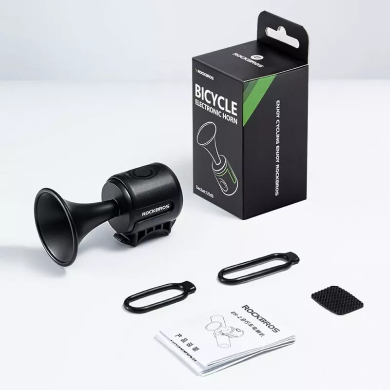 ROCKBROS elektroniskais velosipēda zvans - melns, 110-120 dB, 4 toņi, uzlādējams, IPX4