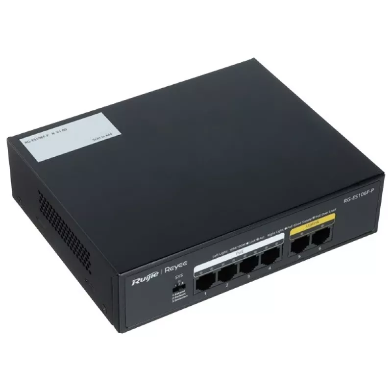 Ruijie RG-ES106F-P 6 portu Fast Ethernet PoE komutators, 4 PoE+ porti, 54W budžets, nevadāms, melns