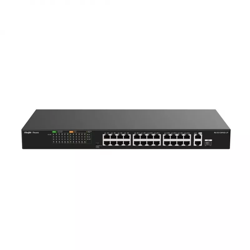 Ruijie RG-ES126FGS-LP 24 portu Fast Ethernet PoE+ komutators ar 2 Gigabit SFP augšupsaitēm, 370W PoE budžets, statīva montāža