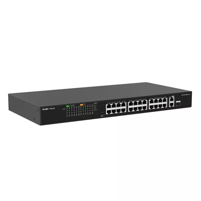 Ruijie RG-ES126FGS-LP 24 portu Fast Ethernet PoE+ komutators ar 2 Gigabit SFP augšupsaitēm, 370W PoE budžets, statīva montāža