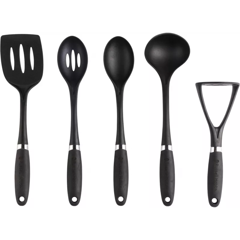 Russell Hobbs RH03026EU7 5 daļu virtuves piederumu komplekts ar rotējošu statīvu, melns un sudrabs