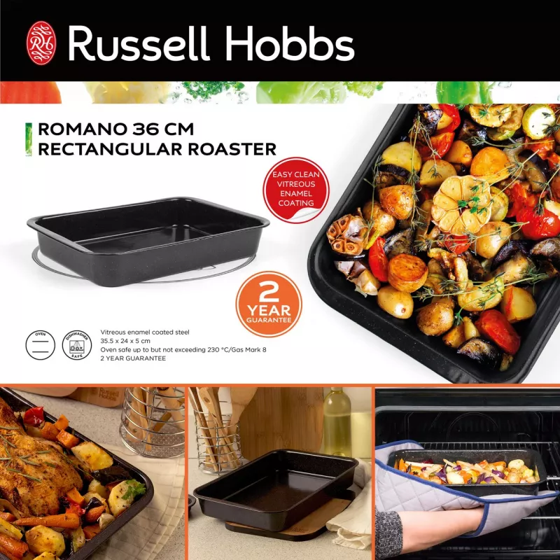 Russell Hobbs Romano 36cm Taisnstūra Cepšanas Trauks - Oglekļa Tērauds, Nelīpošs, Ogļpelēks