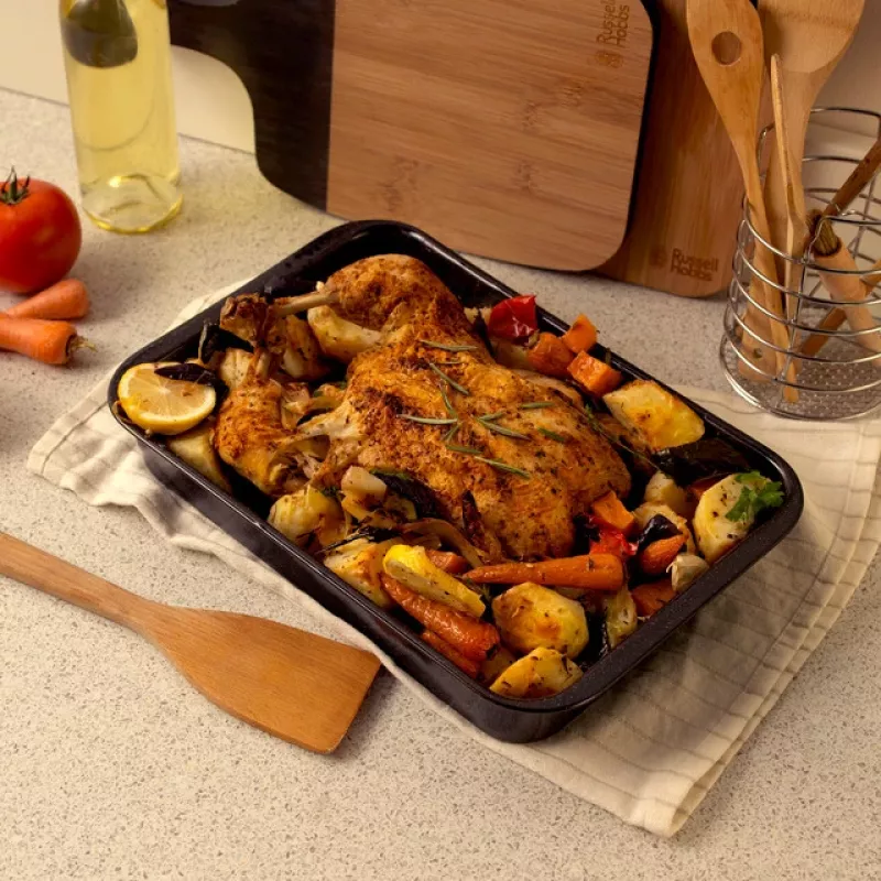 Russell Hobbs Romano 36cm Taisnstūra Cepšanas Trauks - Oglekļa Tērauds, Nelīpošs, Ogļpelēks