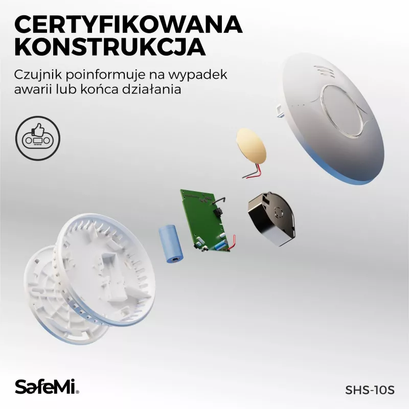 SAFEMI SHS-10S dūmu detektors - fotoelektriskais, 10 gadu iebūvēta baterija, 5 gadu garantija