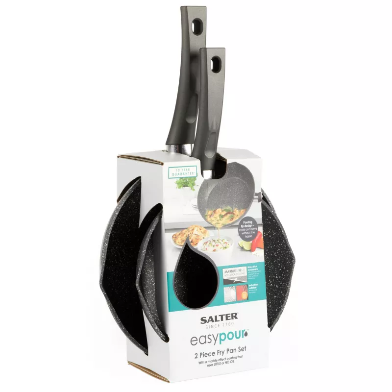 Salter BW09071AR Easy Pour 2 Piece Cepšanas Pannu Komplekts - 20cm un 24cm, Kaltā Alumīnija, Bez PFOA Nelipīgs, Piemērots Indukcijai, Melns/Pelēks