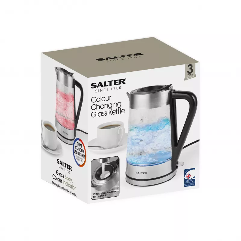 Salter EK5078SSFVDE Krāsas mainoša stikla tējkanna 1.7L 3000W