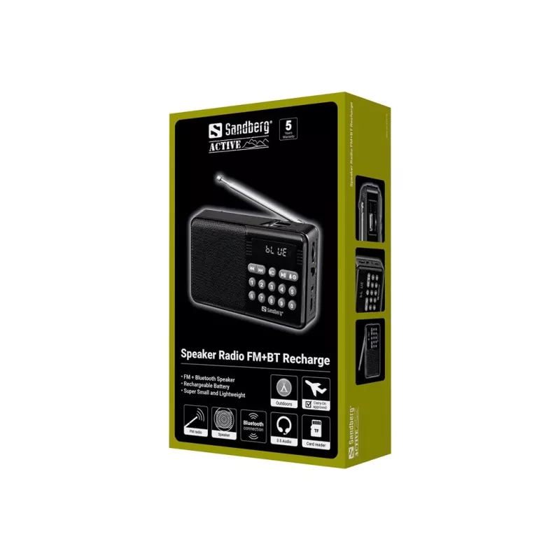 SANDBERG Speaker Radio FM+BT uzlādējams pārnēsājams Bluetooth skaļrunis ar FM radio, AUX, USB, MicroSD, 6W, melns
