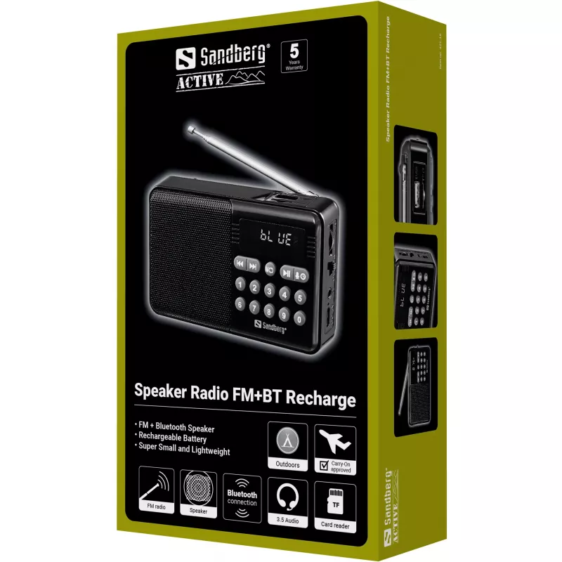 SANDBERG Speaker Radio FM+BT uzlādējams pārnēsājams Bluetooth skaļrunis ar FM radio, AUX, USB, MicroSD, 6W, melns