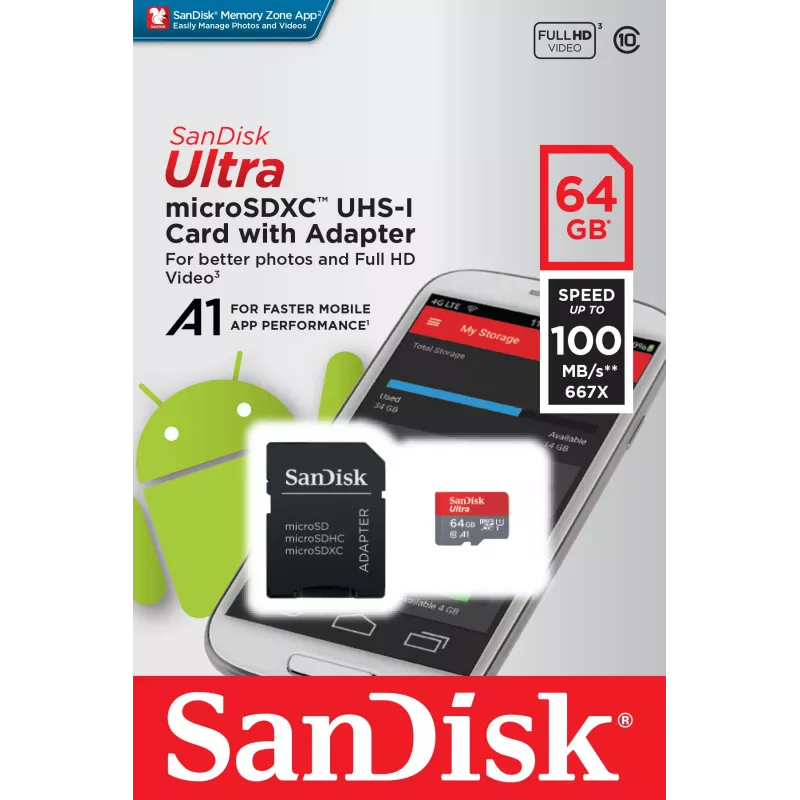SanDisk Ultra 128GB microSDXC atmiņas karte ar SD adapteri