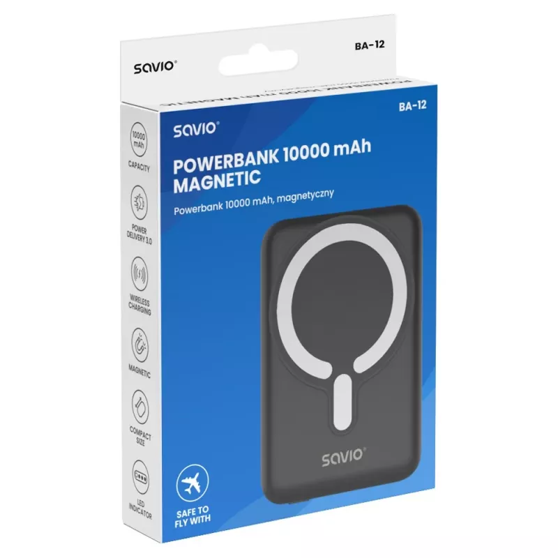 Savio BA-12 magnētiskā bezvadu ārējā baterija 10000 mAh melna