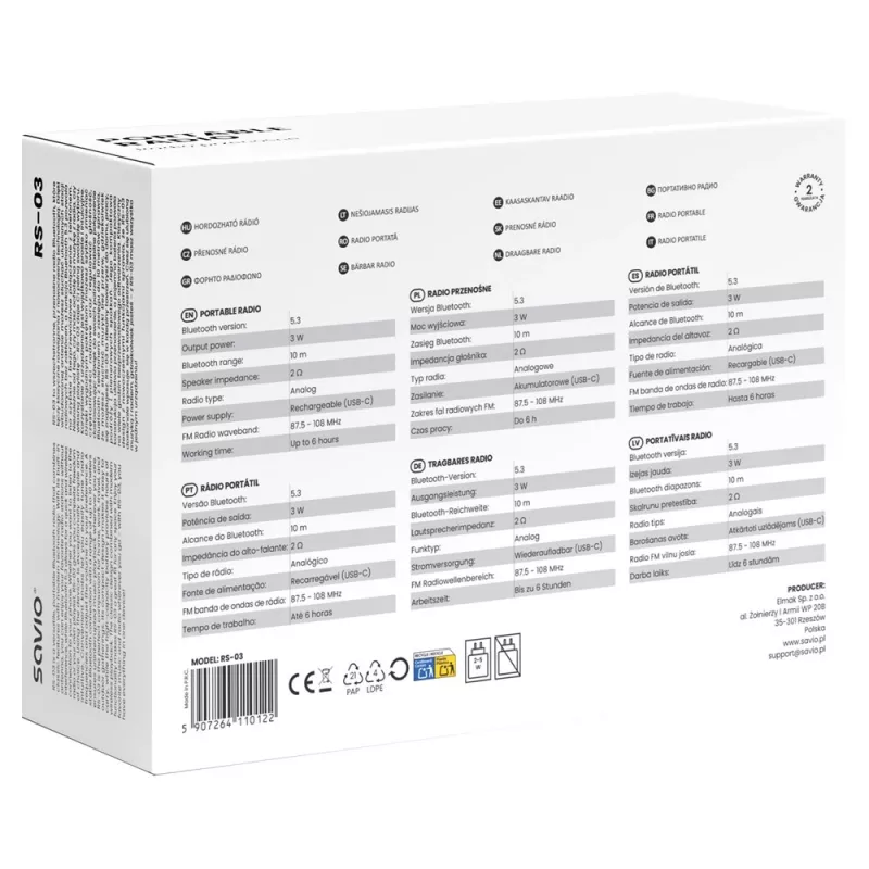 SAVIO RS-03 pārnēsājams radio FM/AM ar MP3 USB/SD atskaņošanu, rozā